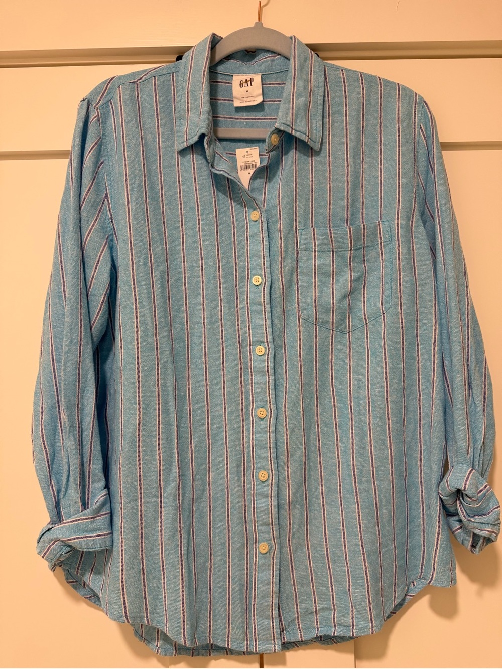 NWT GAP The Easy Shirt Blue Stripe Linen Blend Button Down Size M